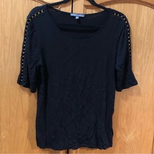 Suzy Shier Black Short Sleeve Tee with Eyelet Shoulder Trim